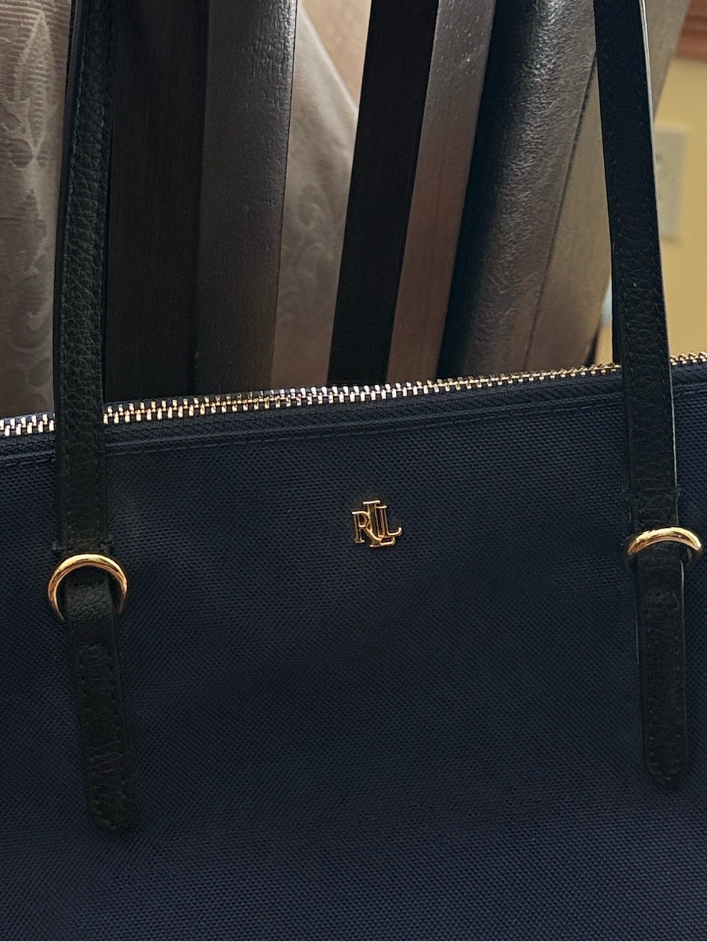 Lauren Ralph Lauren Medium Keaton Tote Bag Nylon Zip Top Closure Blue Black - Picture 7 of 11